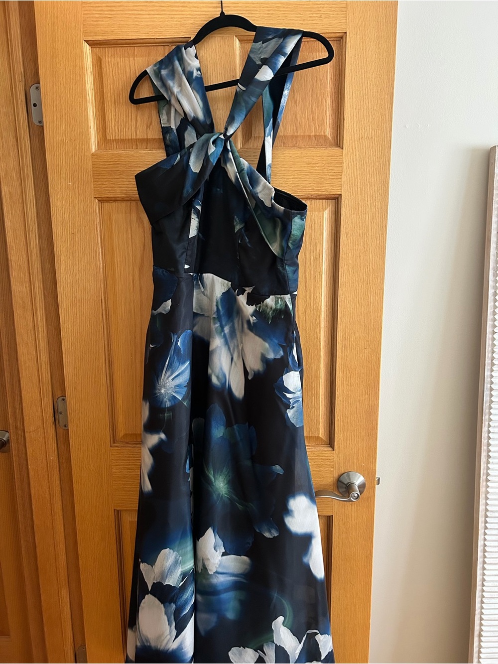 Donna Karan Navy and White Floral Cross-Back Maxi Dress